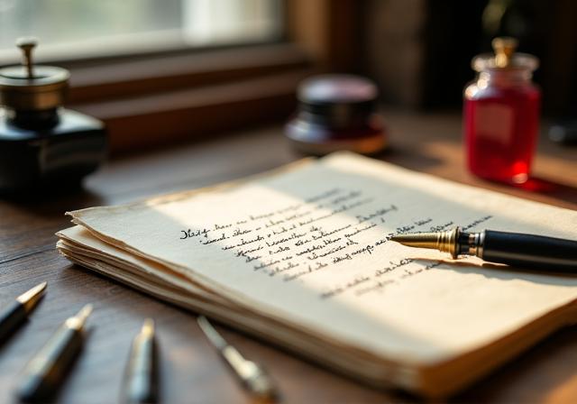 Sfeerimpressie van een klassiek kalligrafie atelier met inktpotten en perkament
