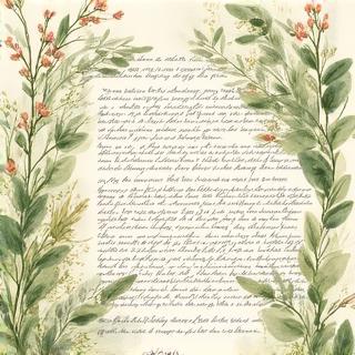 Gekalligrafeerd interviewverslag met botanische illustraties