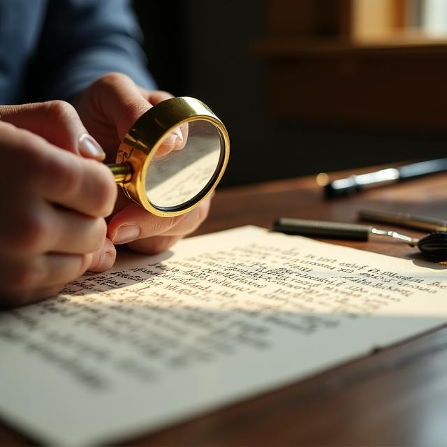 Een kalligraaf die werkt met een vergrootglas boven een historisch document