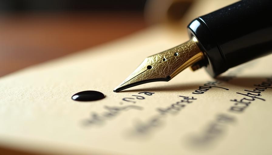 Close-up van een kalligrafiepen die met zwarte inkt op gestructureerd papier schrijft